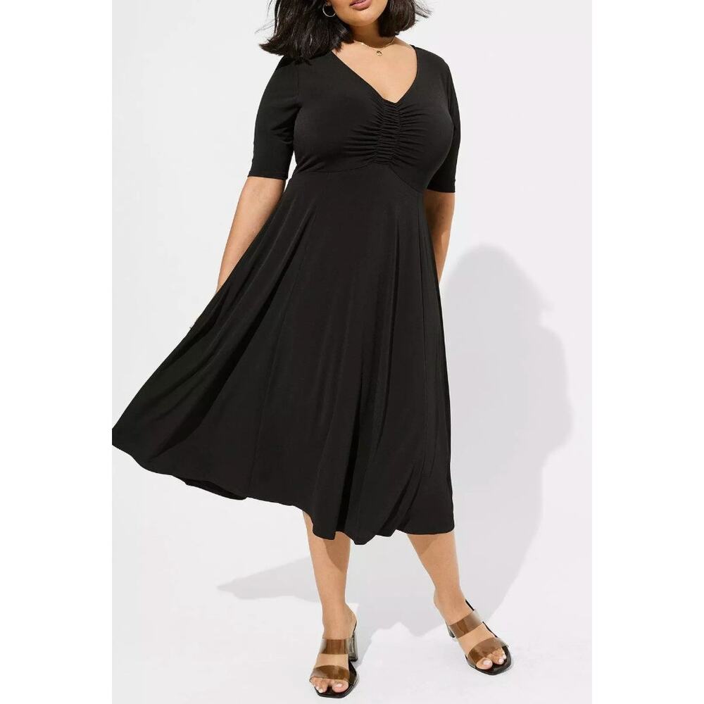 Torrid Black Cinch Front Skater Dress Ruched Puff Sleeve Studio Knit Plus 2X